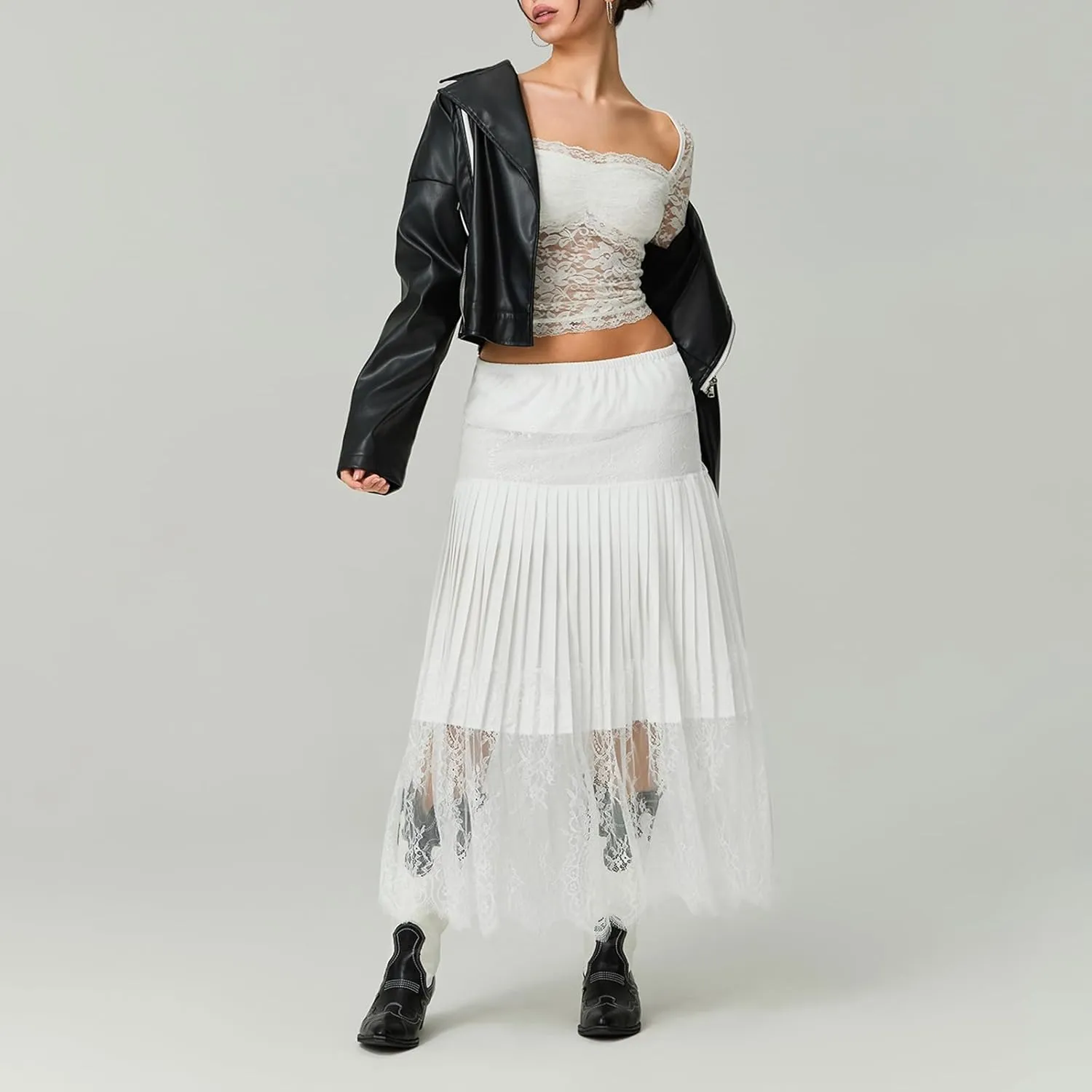Women Summer Pleated Skirt Casual Floral Lace Elastic A-Line Midi Skirt for Beach Vacation Club Streetwear Skirt