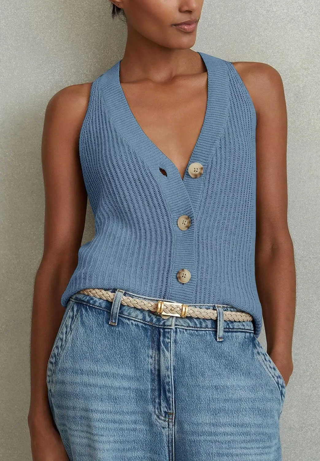 Women Sweater Vest Tops Sleeveless Button Down V Neck Knit Tank Top Slim Casual Cardigan Vest