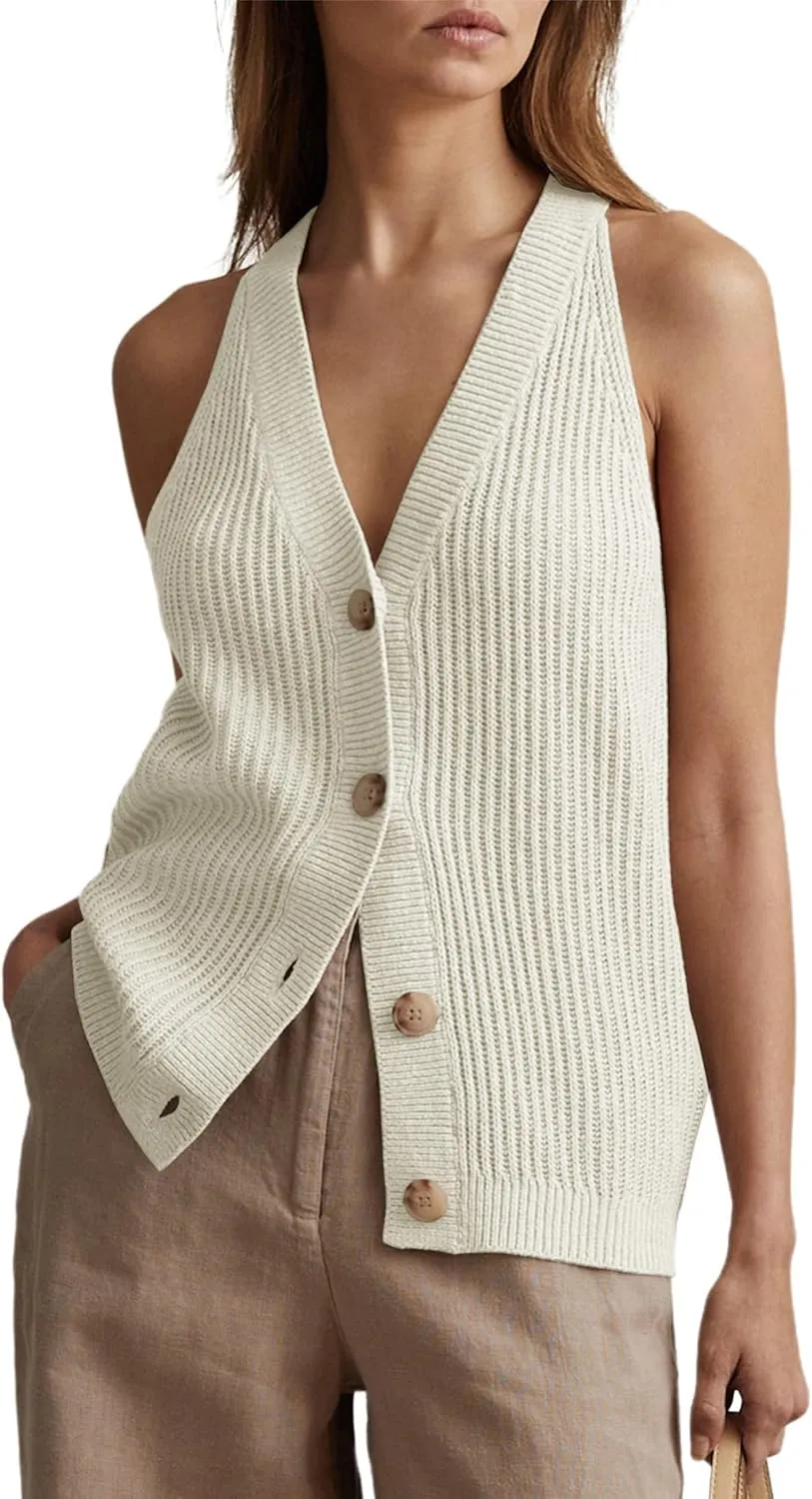 Women Sweater Vest Tops Sleeveless Button Down V Neck Knit Tank Top Slim Casual Cardigan Vest