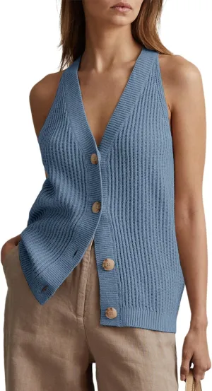 Women Sweater Vest Tops Sleeveless Button Down V Neck Knit Tank Top Slim Casual Cardigan Vest
