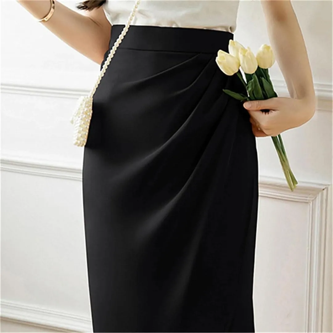 Women Vintage Irregular Pleated Skirts Office High Waist Line Mid Length Skirts