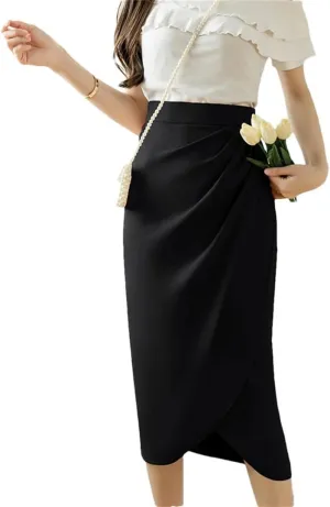 Women Vintage Irregular Pleated Skirts Office High Waist Line Mid Length Skirts