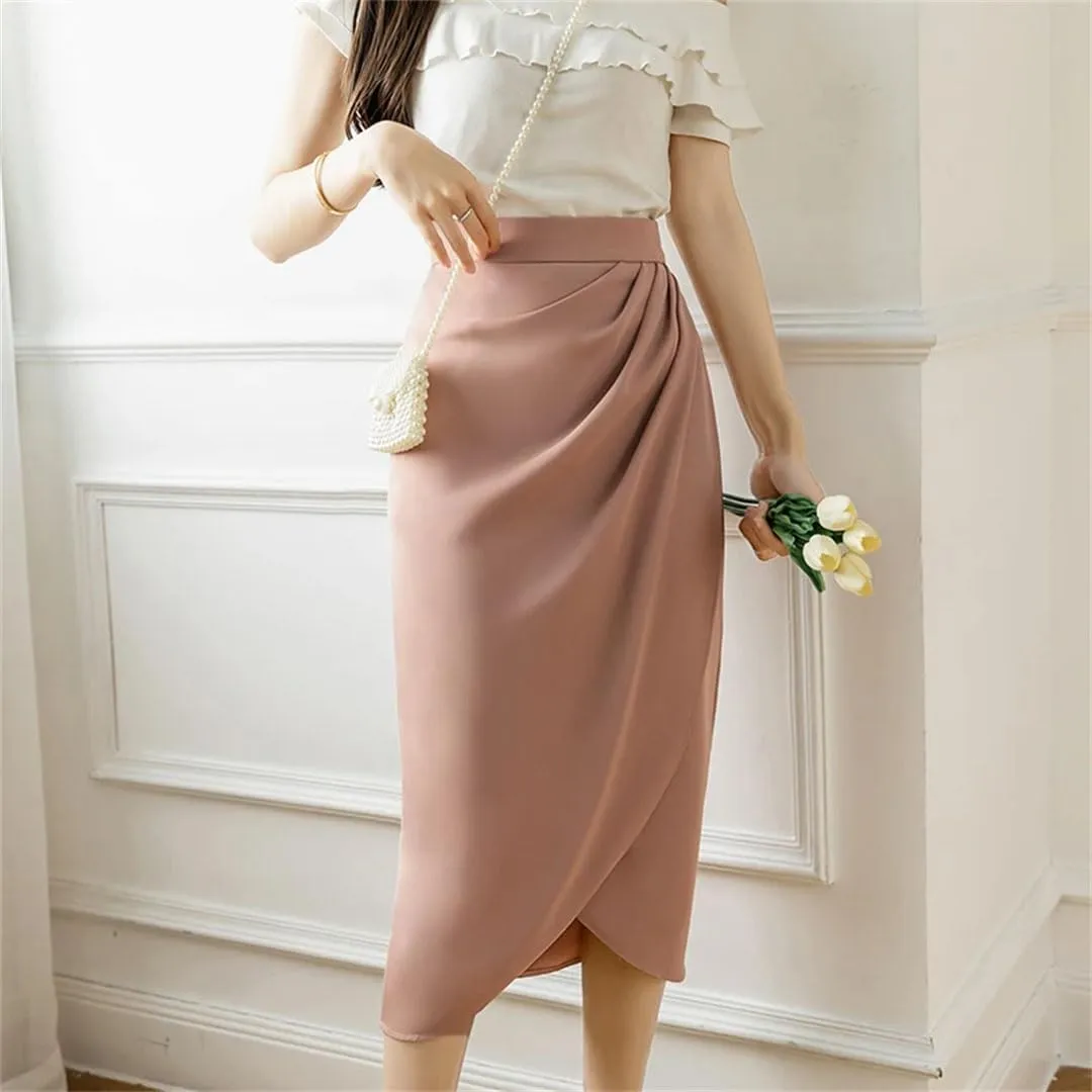 Women Vintage Irregular Pleated Skirts Office High Waist Line Mid Length Skirts