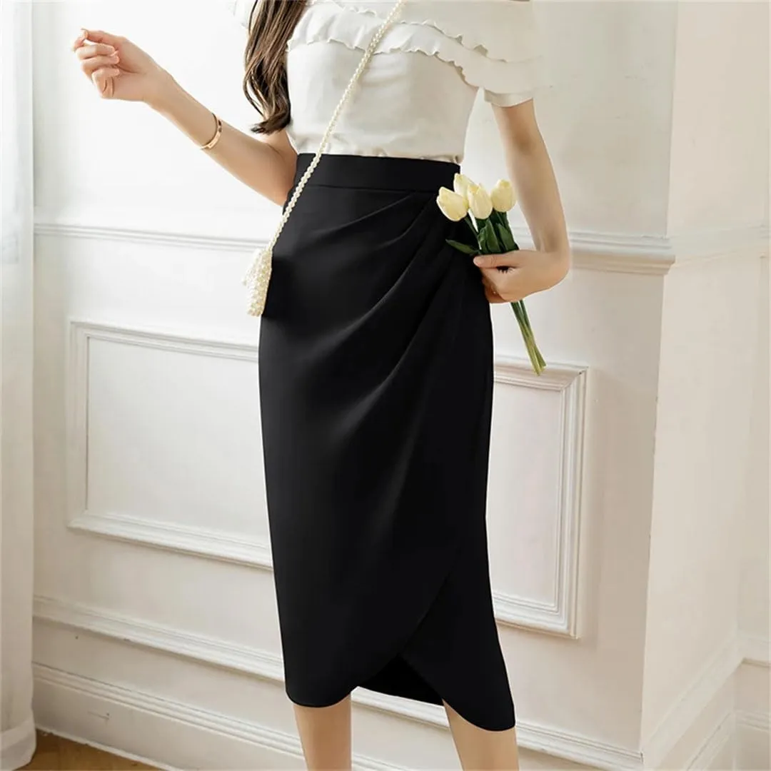 Women Vintage Irregular Pleated Skirts Office High Waist Line Mid Length Skirts