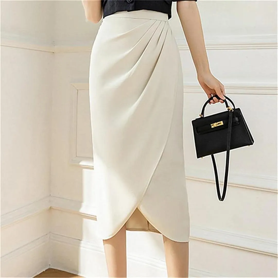 Women Vintage Irregular Pleated Skirts Office High Waist Line Mid Length Skirts