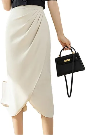 Women Vintage Irregular Pleated Skirts Office High Waist Line Mid Length Skirts