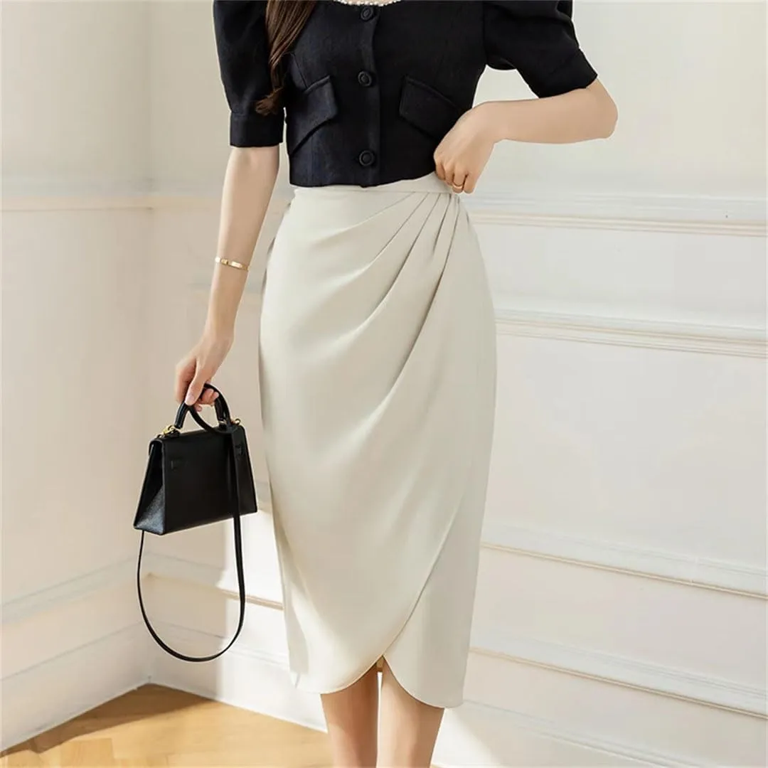 Women Vintage Irregular Pleated Skirts Office High Waist Line Mid Length Skirts