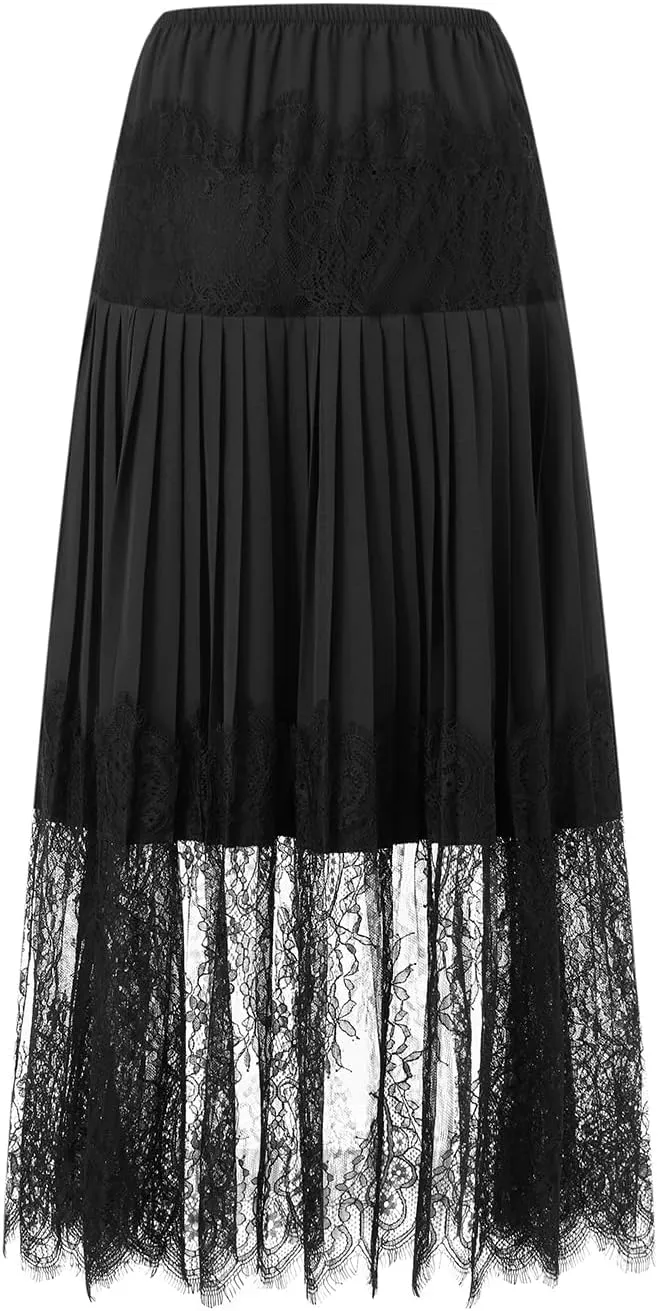 Women Y2k Pleated Lace Skirt Casual Floral Low Rise A-Line Midi Skirt Fairy Layered Skirts Underskirt Aesthetic Streetwear