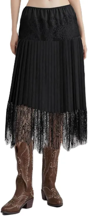 Women Y2k Pleated Lace Skirt Casual Floral Low Rise A-Line Midi Skirt Fairy Layered Skirts Underskirt Aesthetic Streetwear