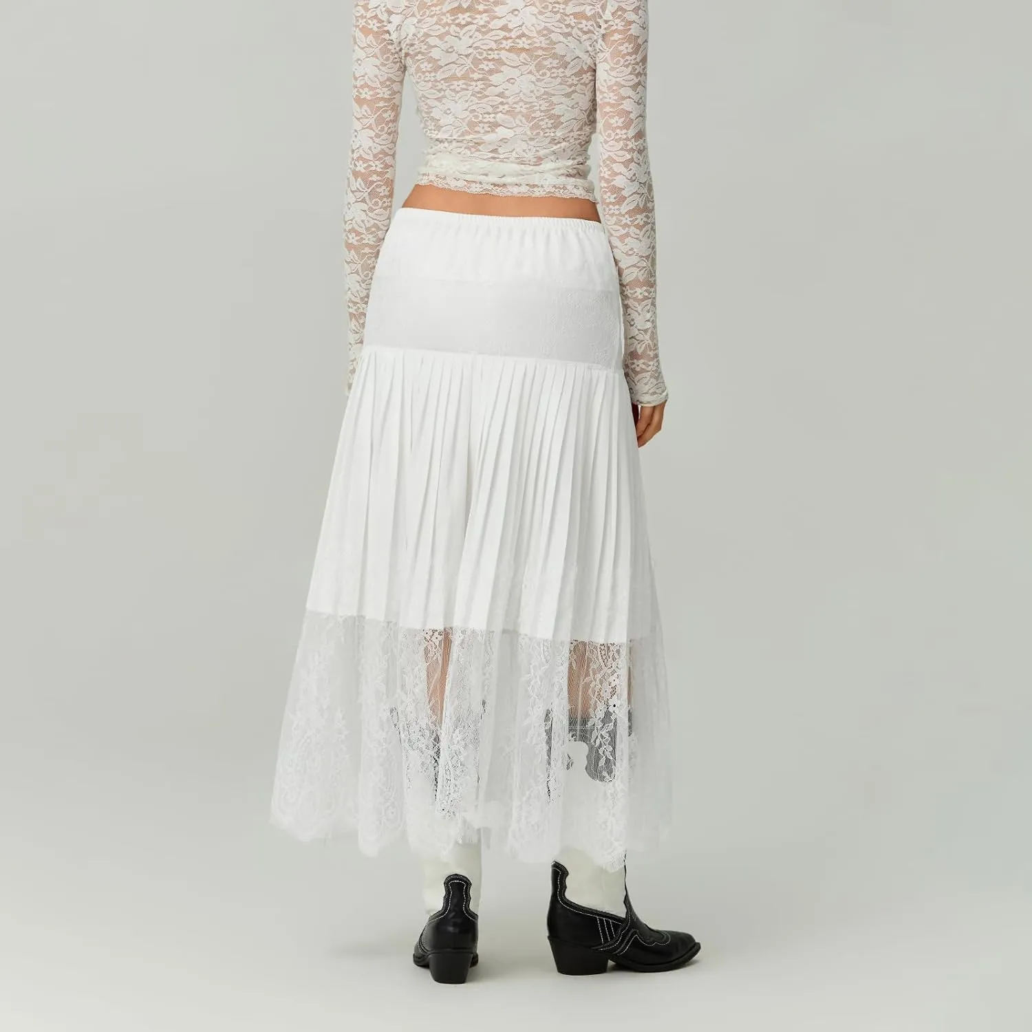 Women Y2k Pleated Lace Skirt Casual Floral Low Rise A-Line Midi Skirt Fairy Layered Skirts Underskirt Aesthetic Streetwear