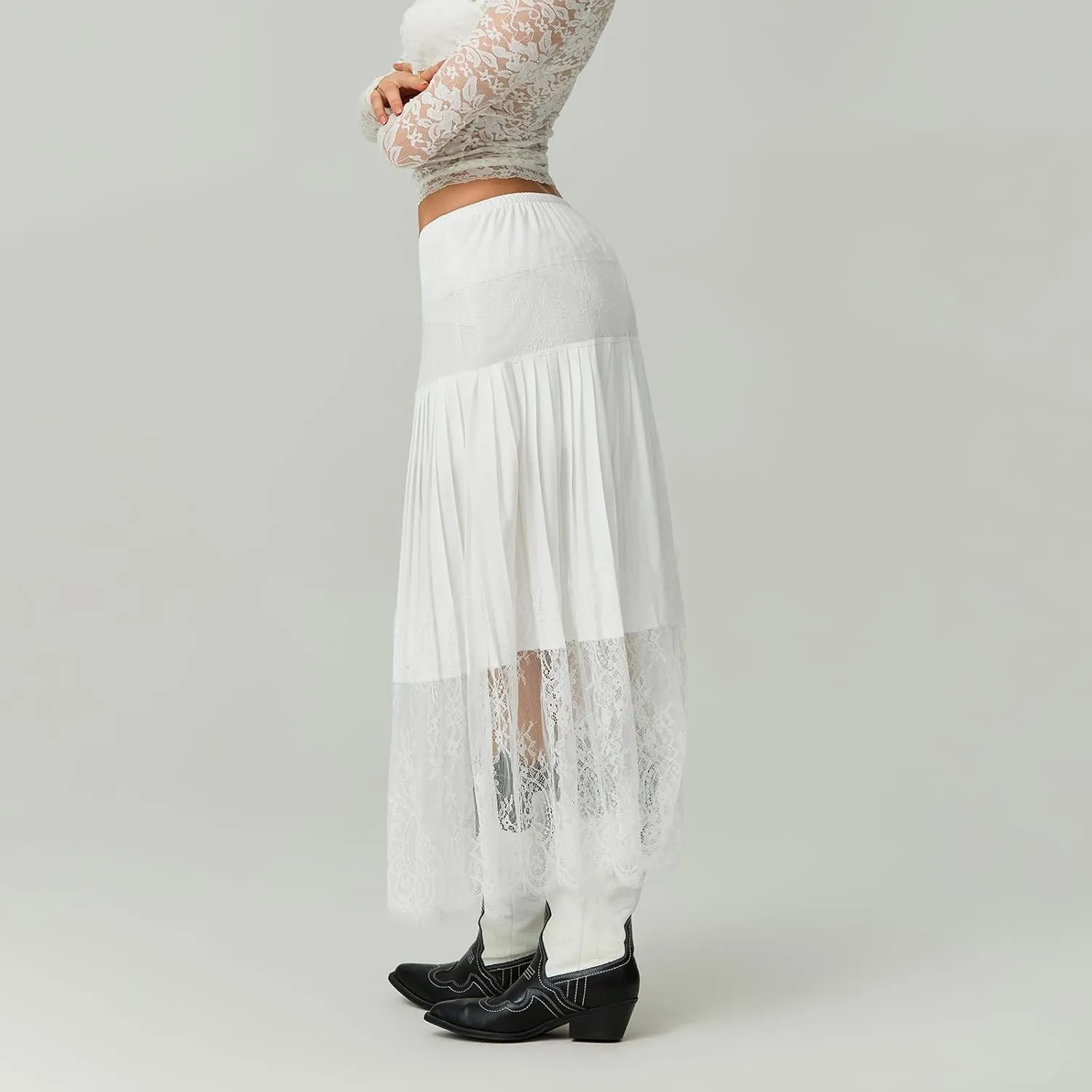 Women Y2k Pleated Lace Skirt Casual Floral Low Rise A-Line Midi Skirt Fairy Layered Skirts Underskirt Aesthetic Streetwear