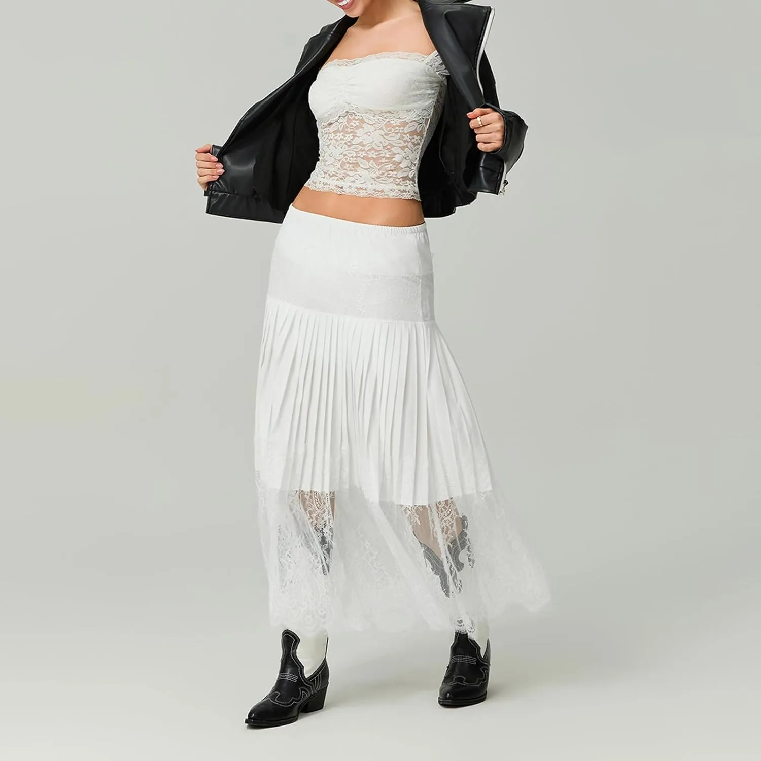 Women Y2k Pleated Lace Skirt Casual Floral Low Rise A-Line Midi Skirt Fairy Layered Skirts Underskirt Aesthetic Streetwear