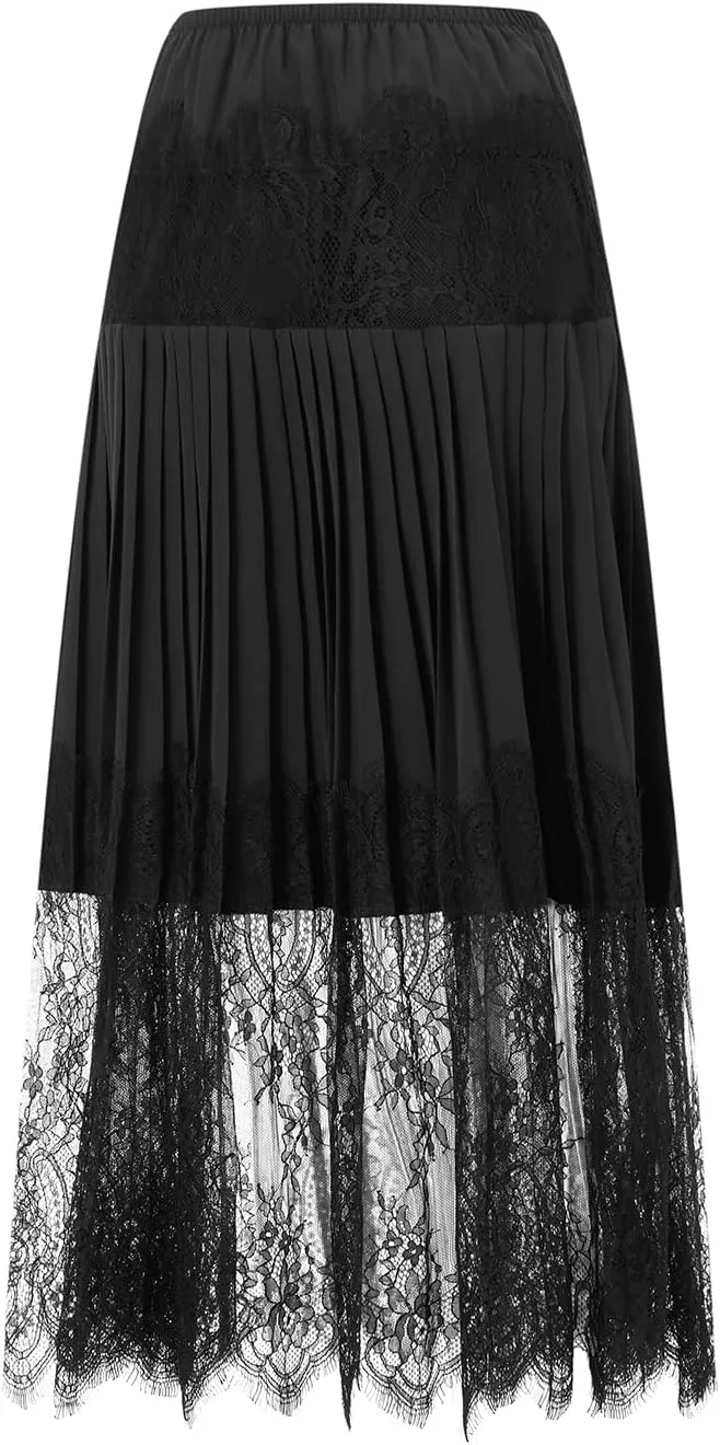 Women Y2k Pleated Lace Skirt Casual Floral Low Rise A-Line Midi Skirt Fairy Layered Skirts Underskirt Aesthetic Streetwear