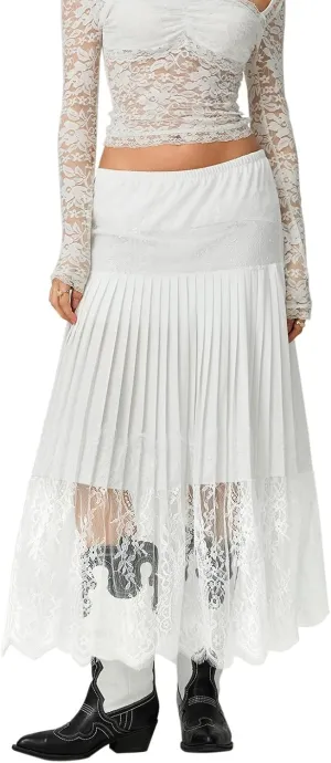 Women Y2k Pleated Lace Skirt Casual Floral Low Rise A-Line Midi Skirt Fairy Layered Skirts Underskirt Aesthetic Streetwear