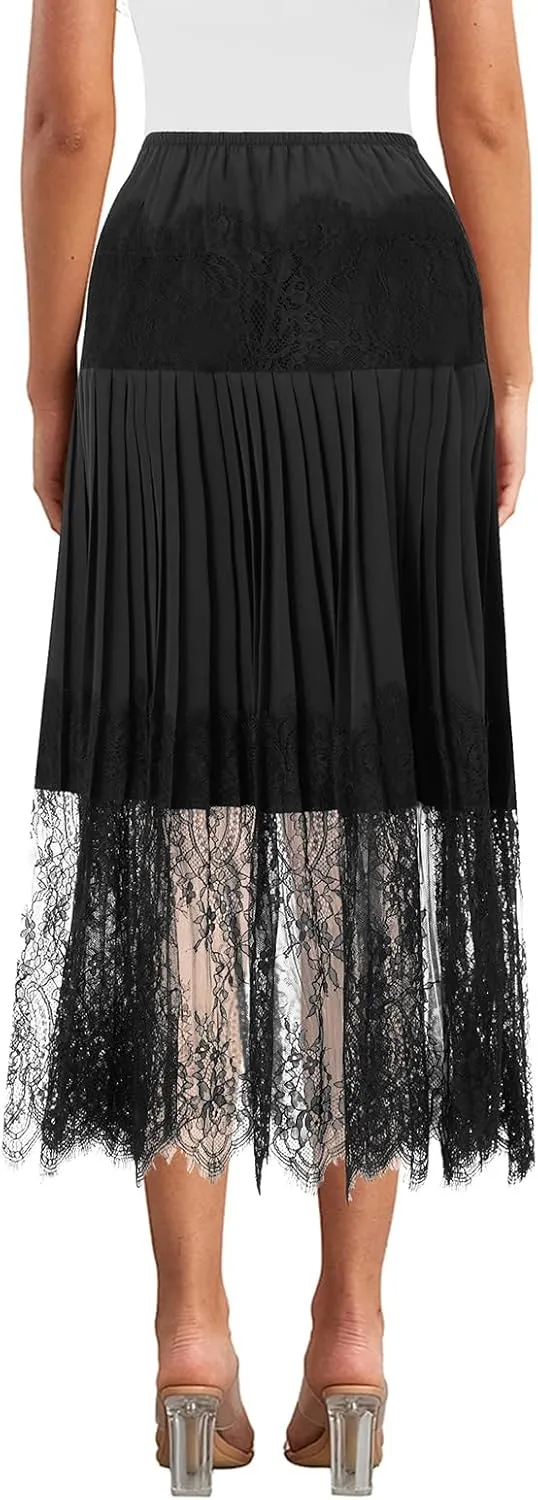 Women Y2k Pleated Lace Skirt Casual Floral Low Rise A-Line Midi Skirt Fairy Layered Skirts Underskirt Aesthetic Streetwear