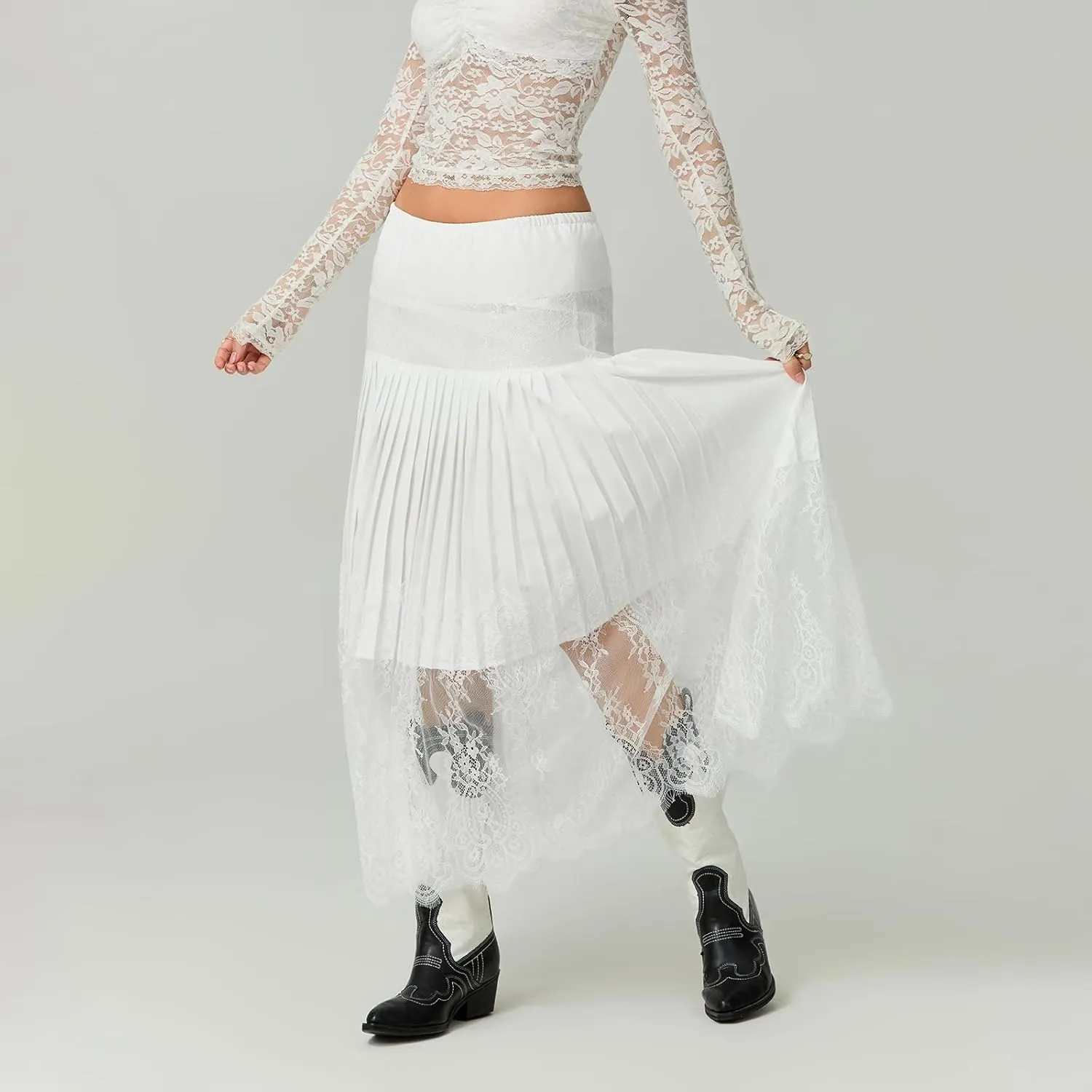Women Y2k Pleated Lace Skirt Casual Floral Low Rise A-Line Midi Skirt Fairy Layered Skirts Underskirt Aesthetic Streetwear