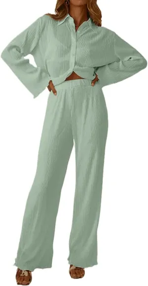 Women's 2 Piece Outfits Pleated Oversized Long Sleeve Button Down Shirts Elastic Waist Wide Leg Pant Clubwear Set