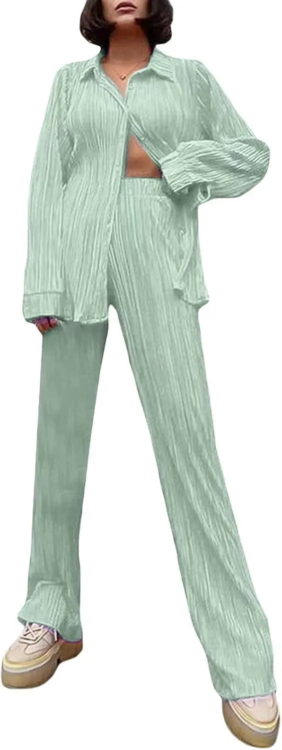 Women's 2 Piece Outfits Pleated Oversized Long Sleeve Button Down Shirts Elastic Waist Wide Leg Pant Clubwear Set