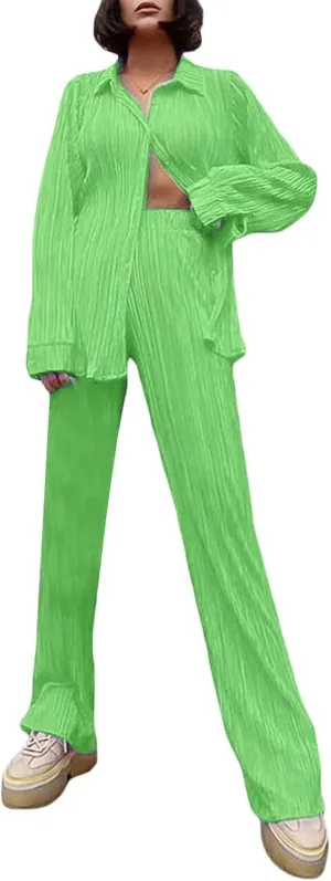Women's 2 Piece Outfits Pleated Oversized Long Sleeve Button Down Shirts Elastic Waist Wide Leg Pant Clubwear Set