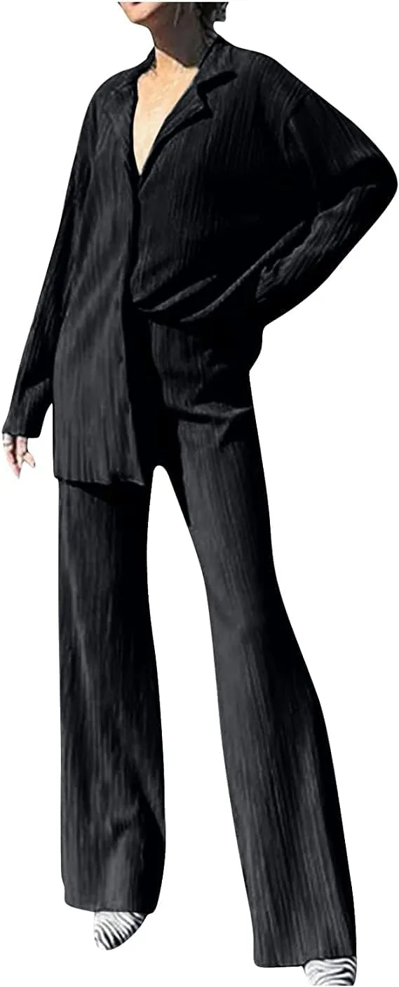 Women's 2 Piece Outfits Pleated Oversized Long Sleeve Button Down Shirts Elastic Waist Wide Leg Pant Clubwear Set