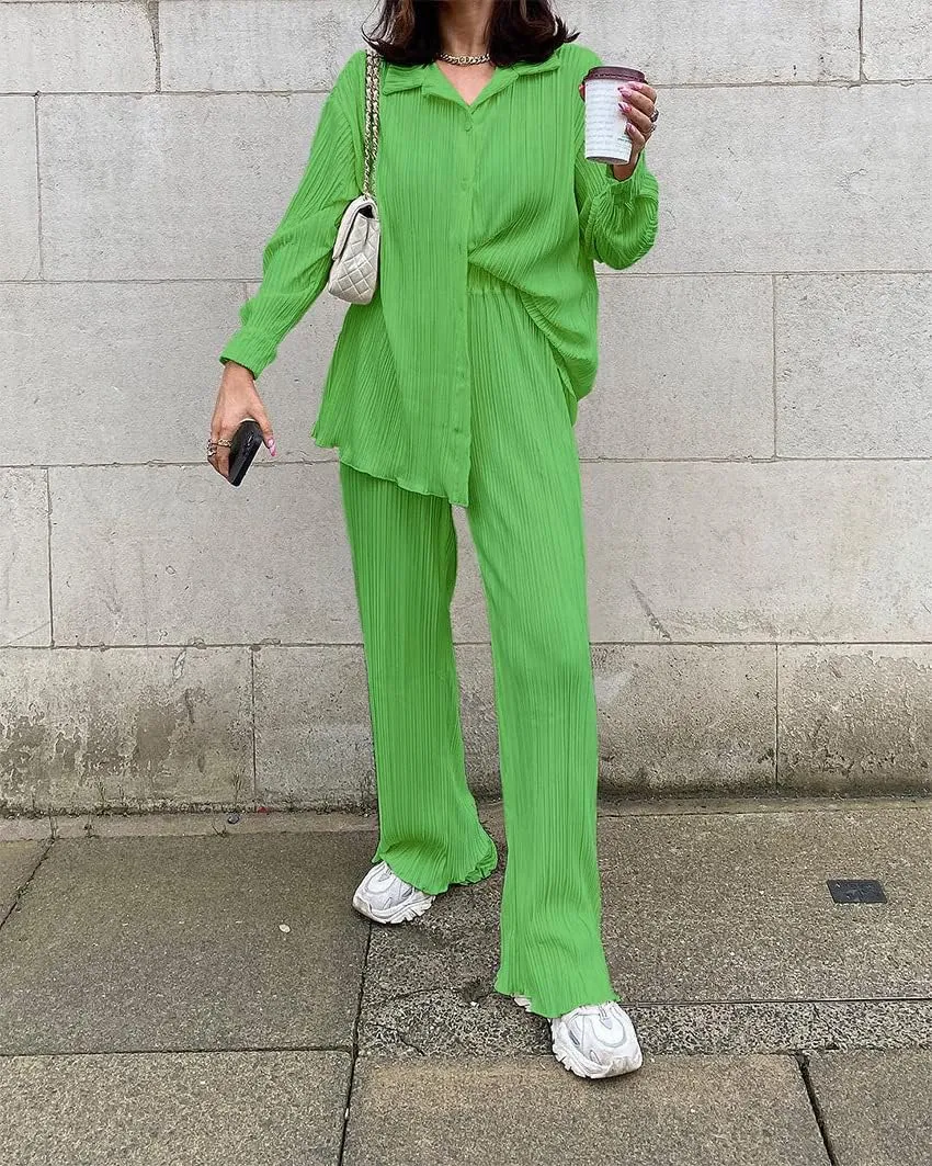 Women's 2 Piece Outfits Pleated Oversized Long Sleeve Button Down Shirts Elastic Waist Wide Leg Pant Clubwear Set