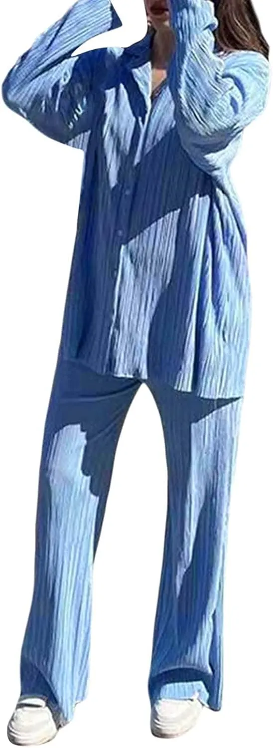 Women's 2 Piece Outfits Pleated Oversized Long Sleeve Button Down Shirts Elastic Waist Wide Leg Pant Clubwear Set