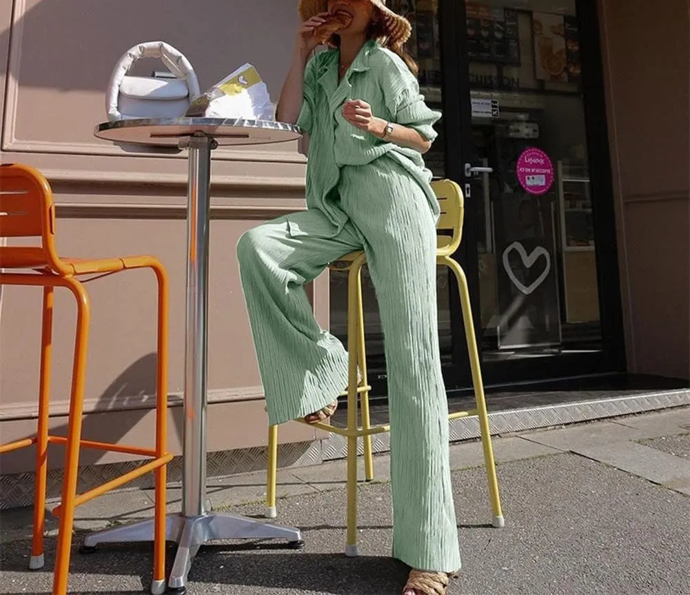 Women's 2 Piece Outfits Pleated Oversized Long Sleeve Button Down Shirts Elastic Waist Wide Leg Pant Clubwear Set