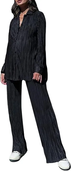 Women's 2 Piece Outfits Pleated Oversized Long Sleeve Button Down Shirts Elastic Waist Wide Leg Pant Clubwear Set