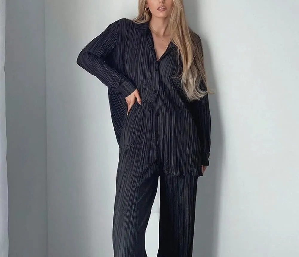 Women's 2 Piece Outfits Pleated Oversized Long Sleeve Button Down Shirts Elastic Waist Wide Leg Pant Clubwear Set