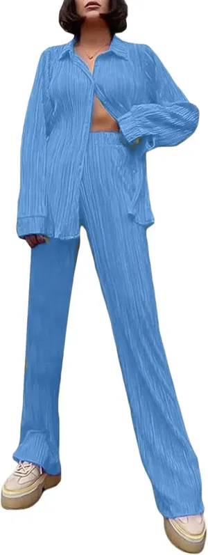 Women's 2 Piece Outfits Pleated Oversized Long Sleeve Button Down Shirts Elastic Waist Wide Leg Pant Clubwear Set