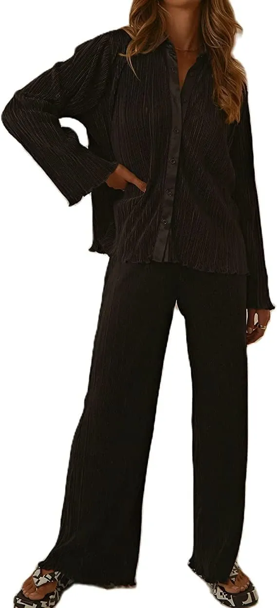 Women's 2 Piece Outfits Pleated Oversized Long Sleeve Button Down Shirts Elastic Waist Wide Leg Pant Clubwear Set