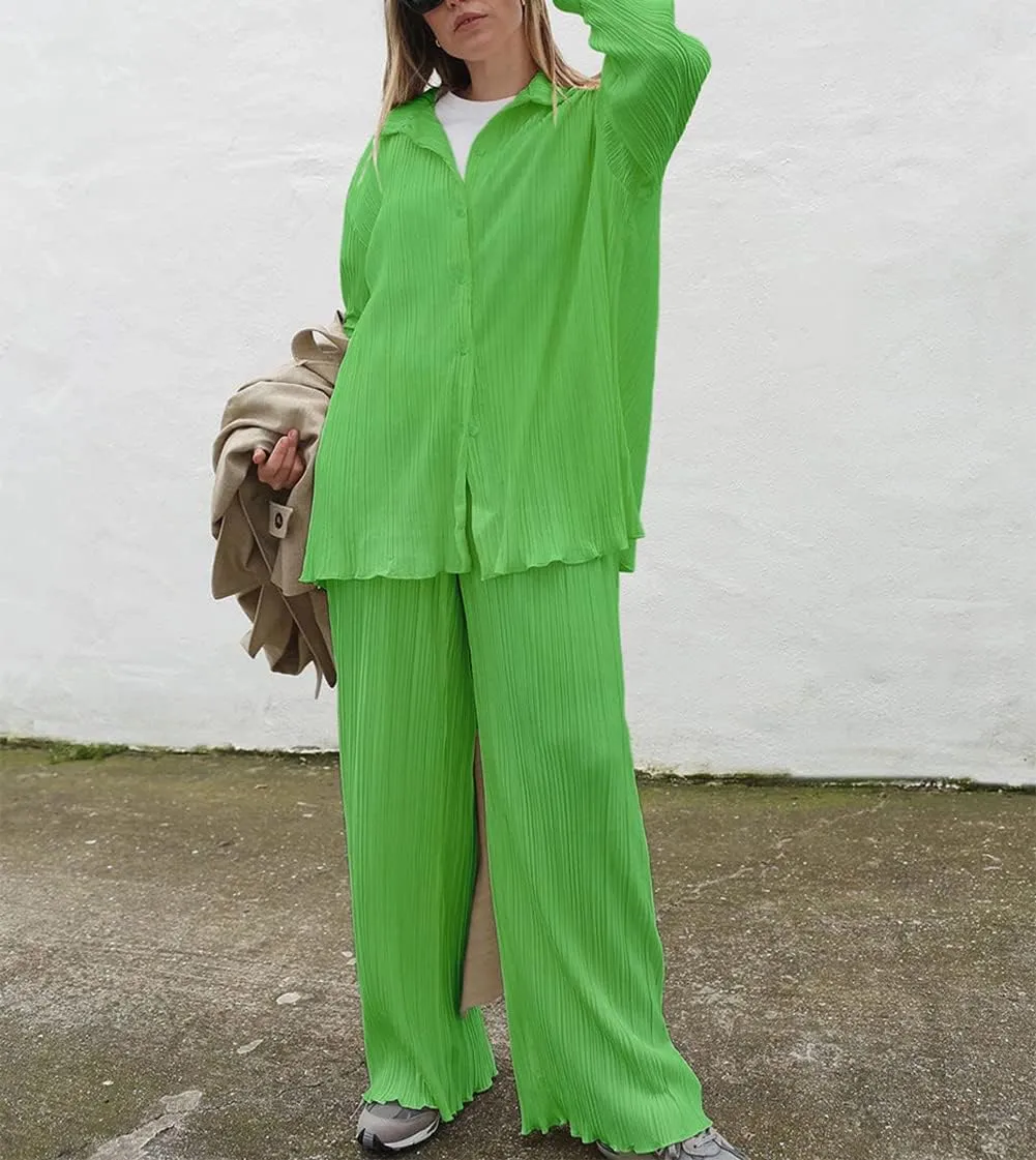 Women's 2 Piece Outfits Pleated Oversized Long Sleeve Button Down Shirts Elastic Waist Wide Leg Pant Clubwear Set
