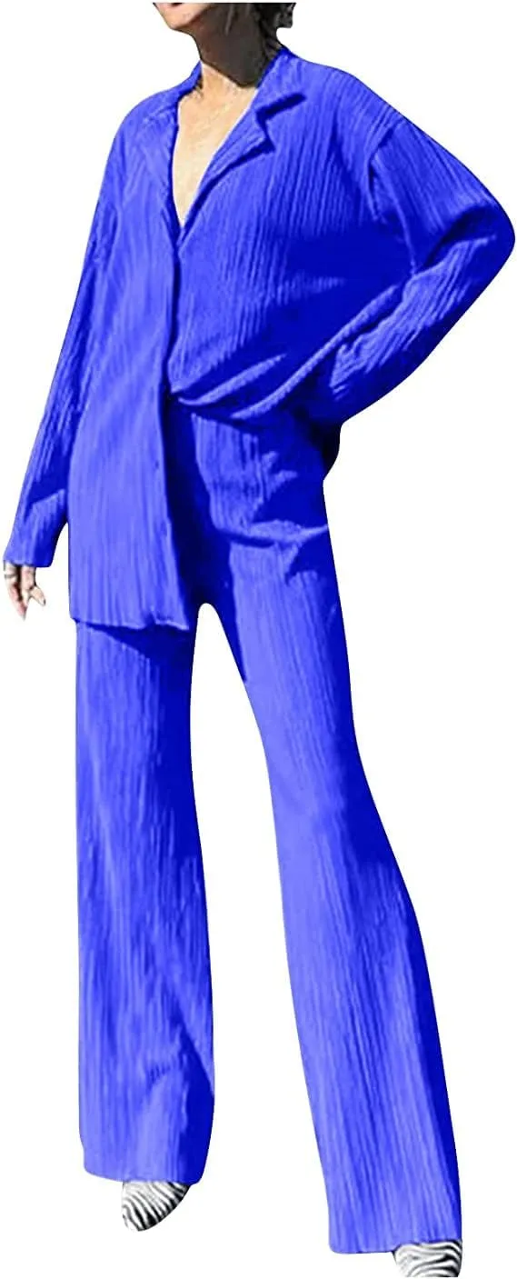 Women's 2 Piece Outfits Pleated Oversized Long Sleeve Button Down Shirts Elastic Waist Wide Leg Pant Clubwear Set