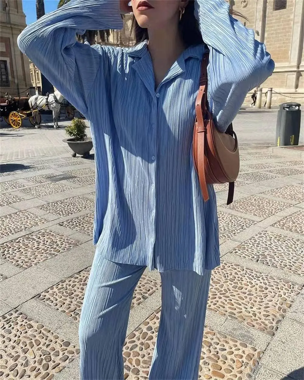 Women's 2 Piece Outfits Pleated Oversized Long Sleeve Button Down Shirts Elastic Waist Wide Leg Pant Clubwear Set