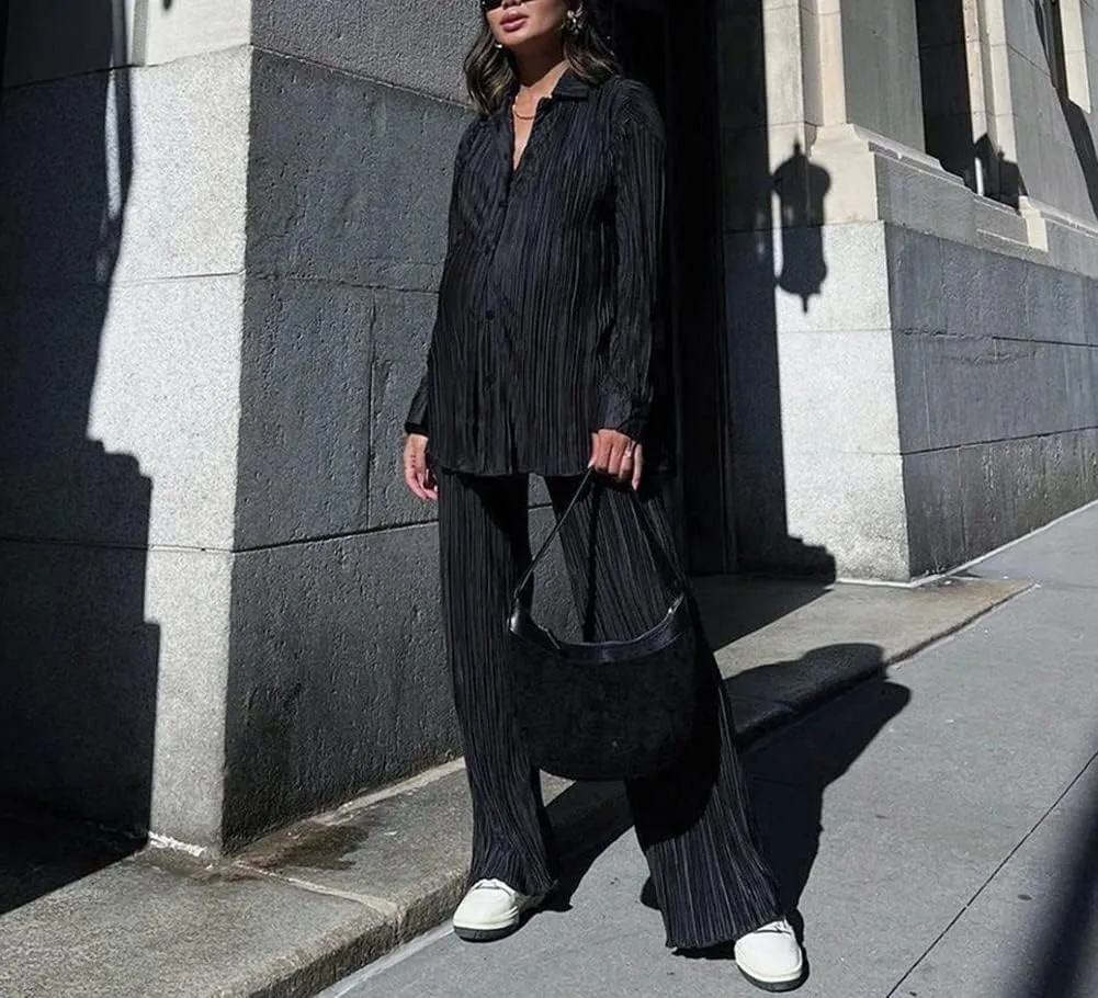 Women's 2 Piece Outfits Pleated Oversized Long Sleeve Button Down Shirts Elastic Waist Wide Leg Pant Clubwear Set