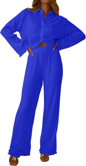 Women's 2 Piece Outfits Pleated Oversized Long Sleeve Button Down Shirts Elastic Waist Wide Leg Pant Clubwear Set