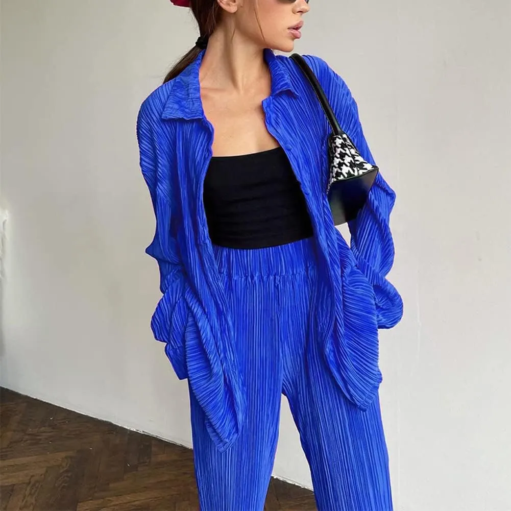 Women's 2 Piece Outfits Pleated Oversized Long Sleeve Button Down Shirts Elastic Waist Wide Leg Pant Clubwear Set