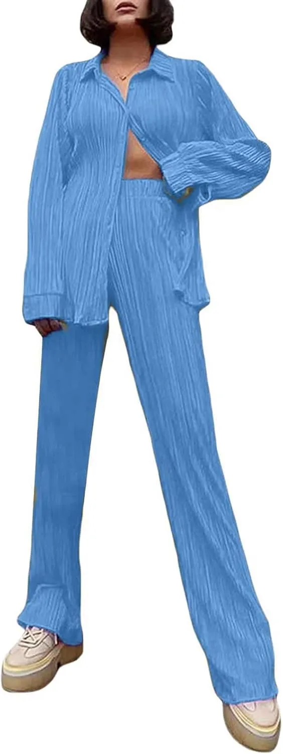 Women's 2 Piece Outfits Pleated Oversized Long Sleeve Button Down Shirts Elastic Waist Wide Leg Pant Clubwear Set