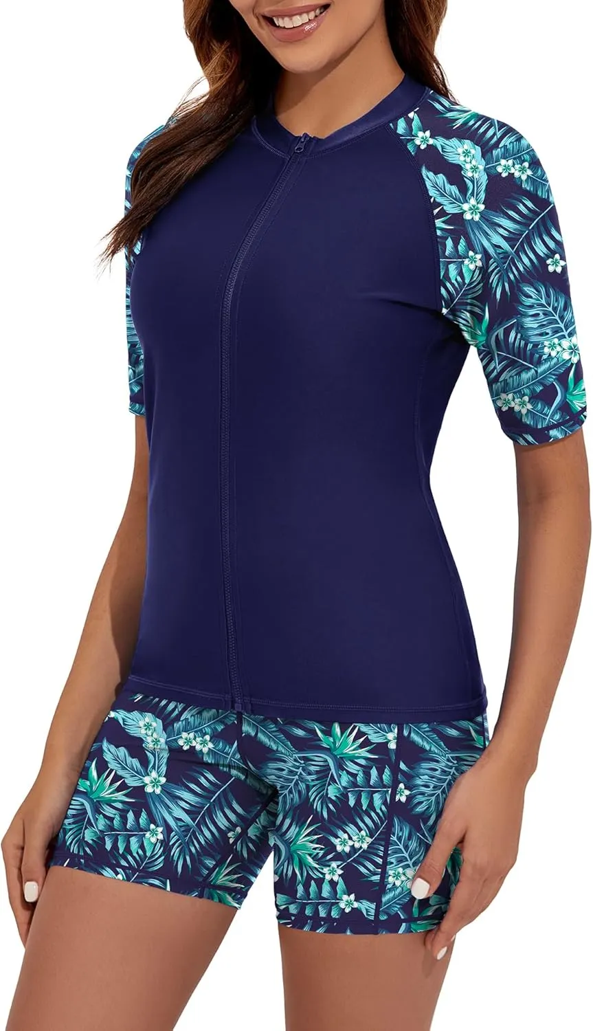Women's 3 Piece Rash Guard Short Sleeve UPF 50  Rash Guard Swimsuits Zip Front Swim Shirt and Short Pocket