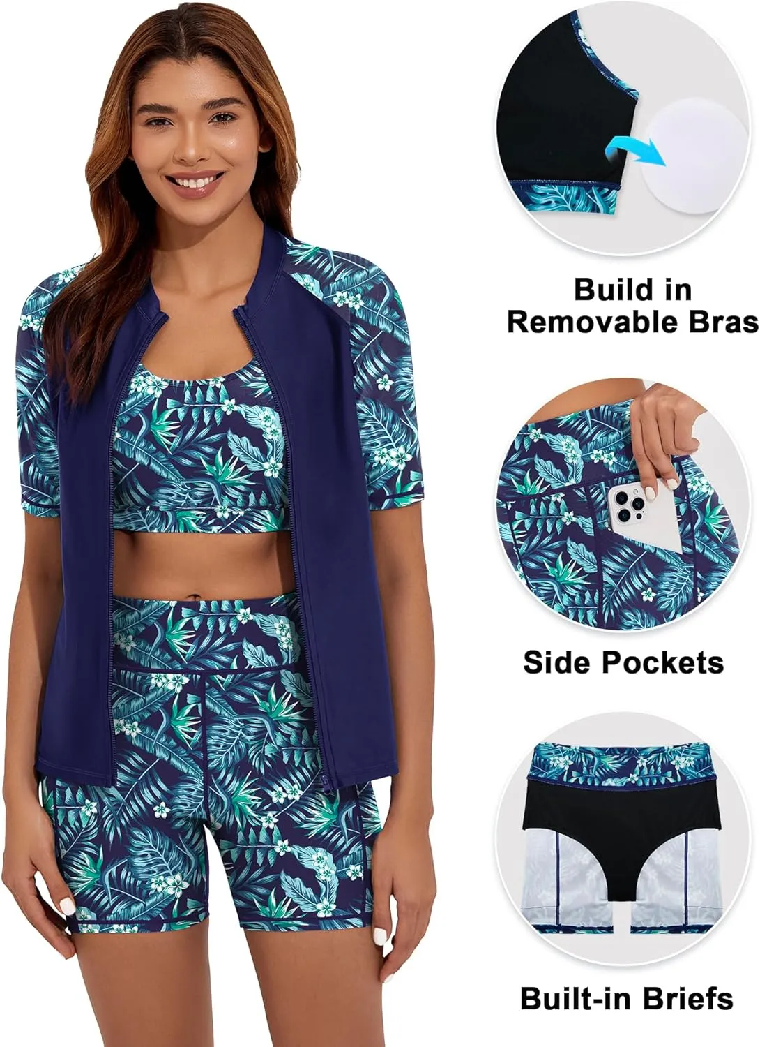 Women's 3 Piece Rash Guard Short Sleeve UPF 50  Rash Guard Swimsuits Zip Front Swim Shirt and Short Pocket