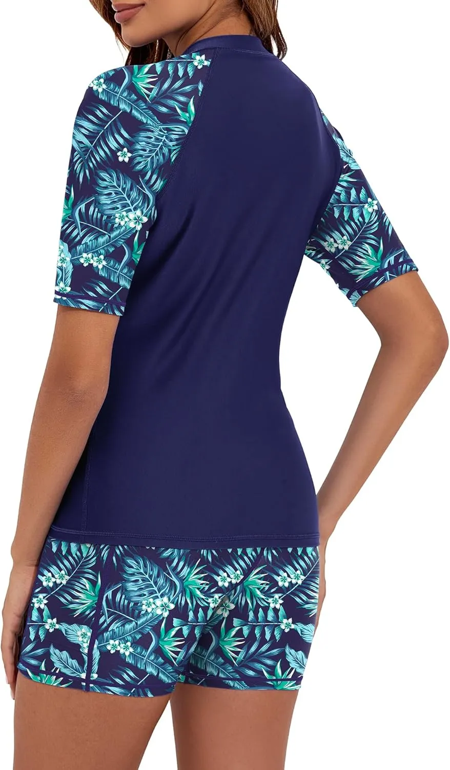 Women's 3 Piece Rash Guard Short Sleeve UPF 50  Rash Guard Swimsuits Zip Front Swim Shirt and Short Pocket
