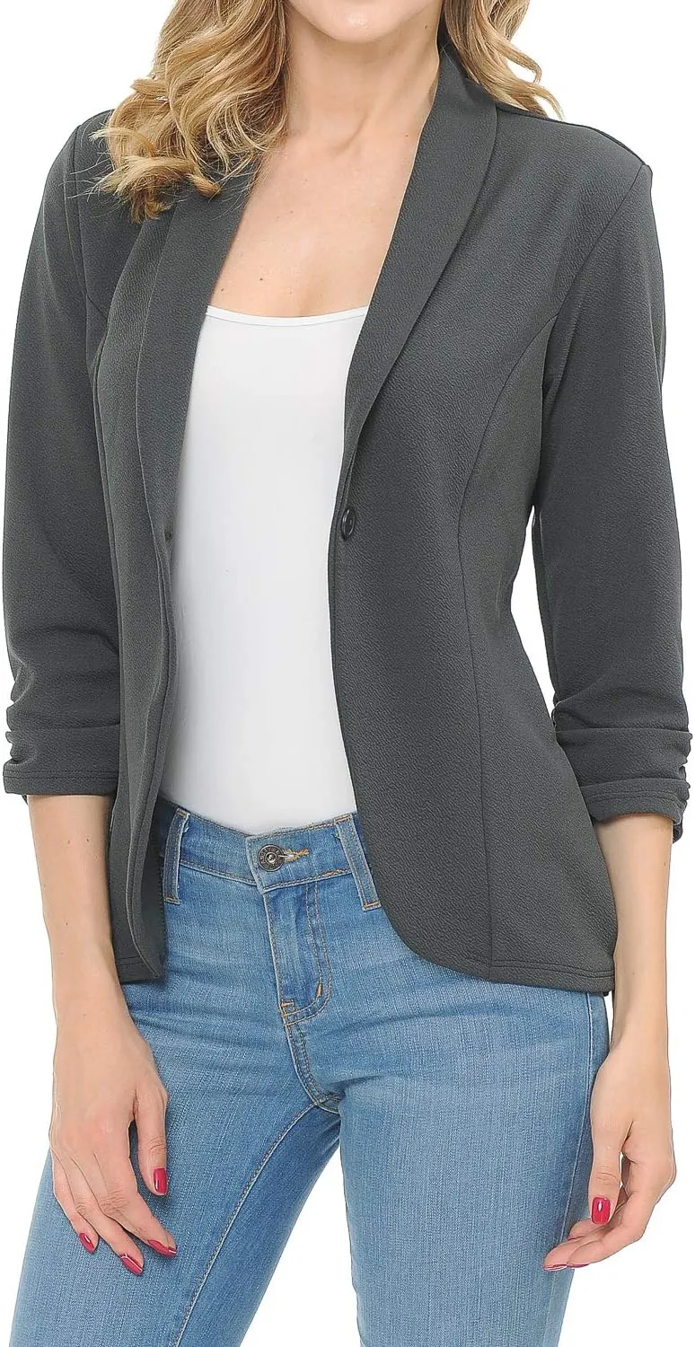 Women's 3/4 Ruched Sleeve Lightweight Work Office Blazer Jacket (S-3XL)