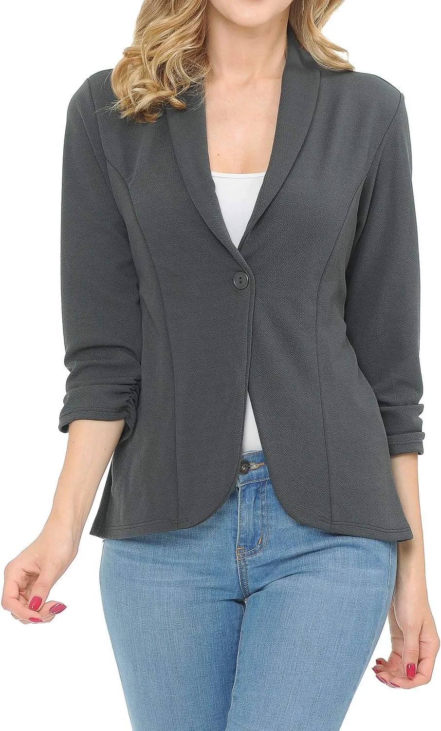 Women's 3/4 Ruched Sleeve Lightweight Work Office Blazer Jacket (S-3XL)