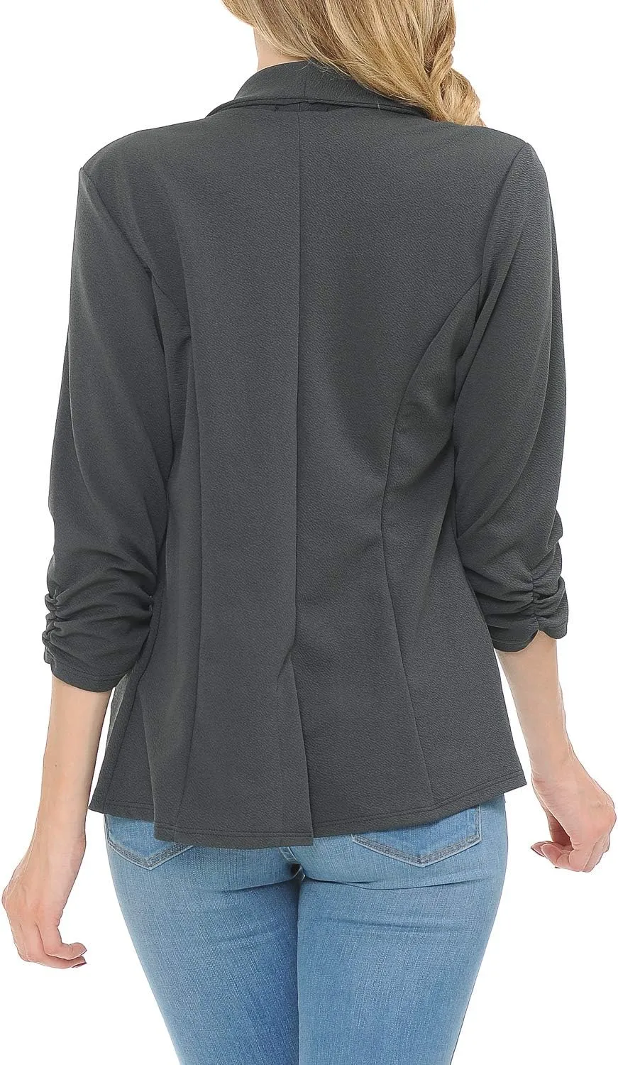 Women's 3/4 Ruched Sleeve Lightweight Work Office Blazer Jacket (S-3XL)