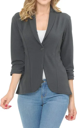 Women's 3/4 Ruched Sleeve Lightweight Work Office Blazer Jacket (S-3XL)