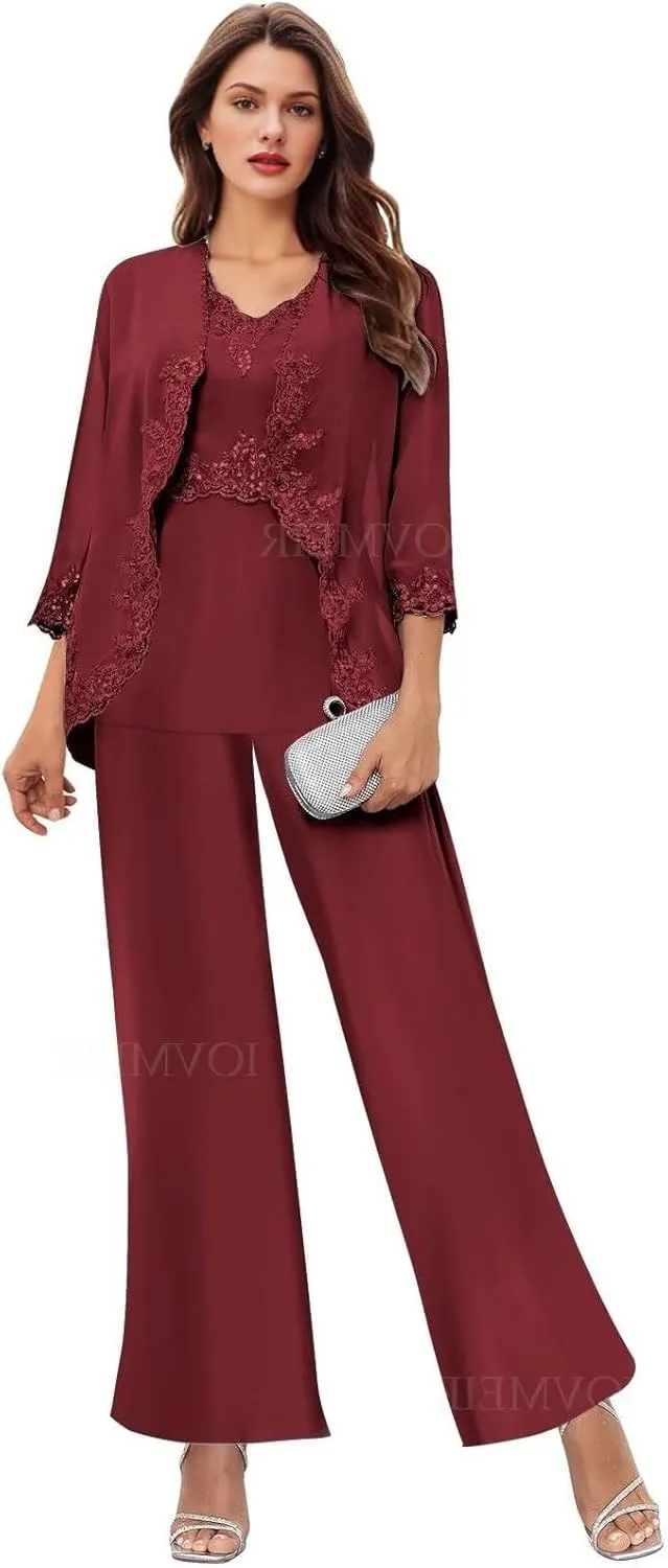 Women's 3PC Mother of The Bride Pants Suits for Wedding Elegant Wedding Pantsuits Formal Outfit Sets
