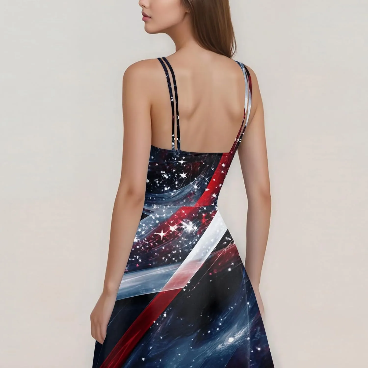 Womens 4th of July Dress Flag Print Sexy Spaghetti Strap Patriotic Punk Dresses A-Line Independence Day Clothes