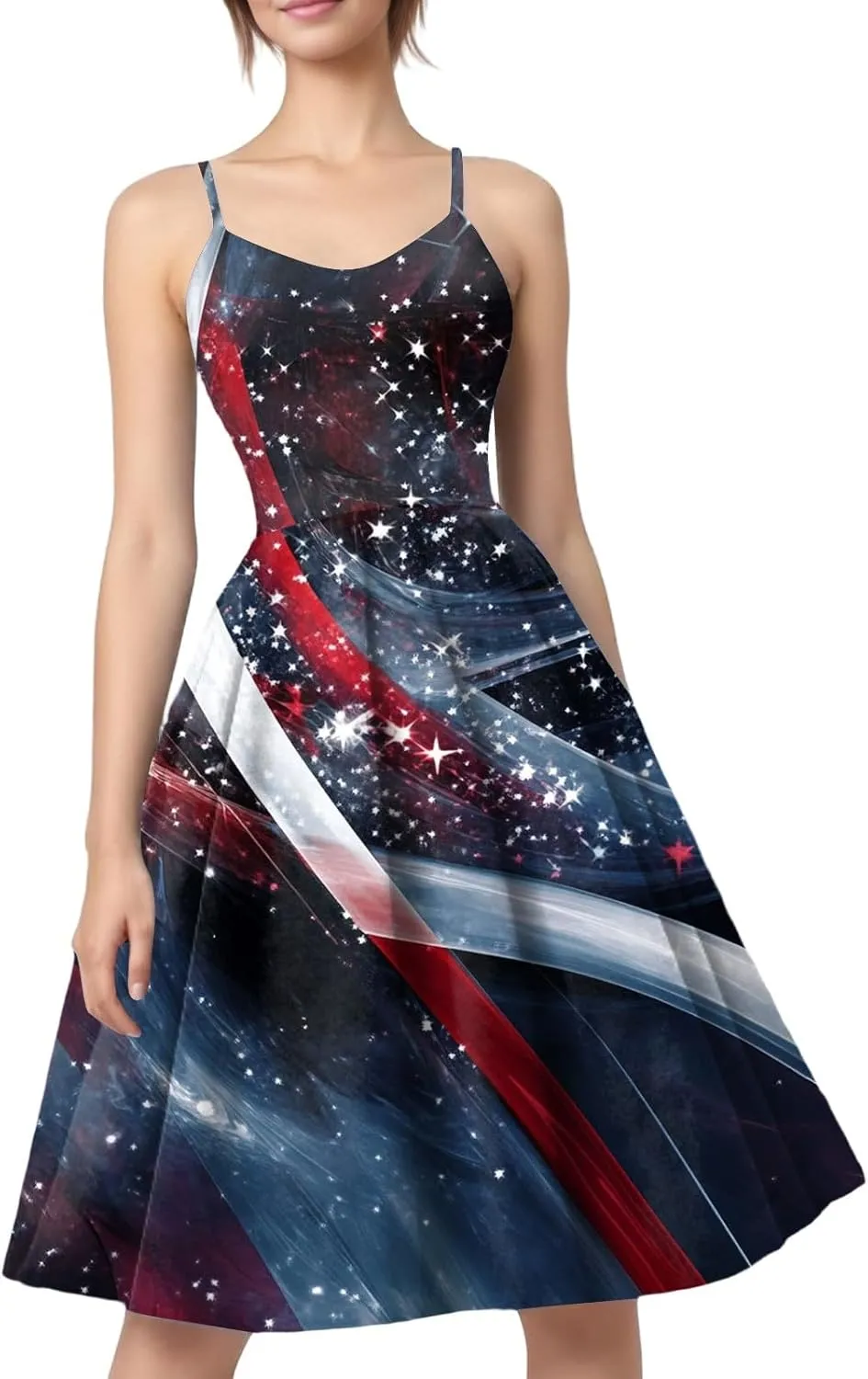 Womens 4th of July Dress Flag Print Sexy Spaghetti Strap Patriotic Punk Dresses A-Line Independence Day Clothes