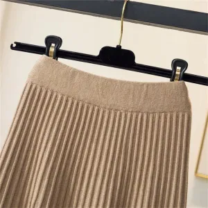 Women's Autumn Winter Tulle Patchwork Knitted A-Line High Waist Pleated Midi Skirt