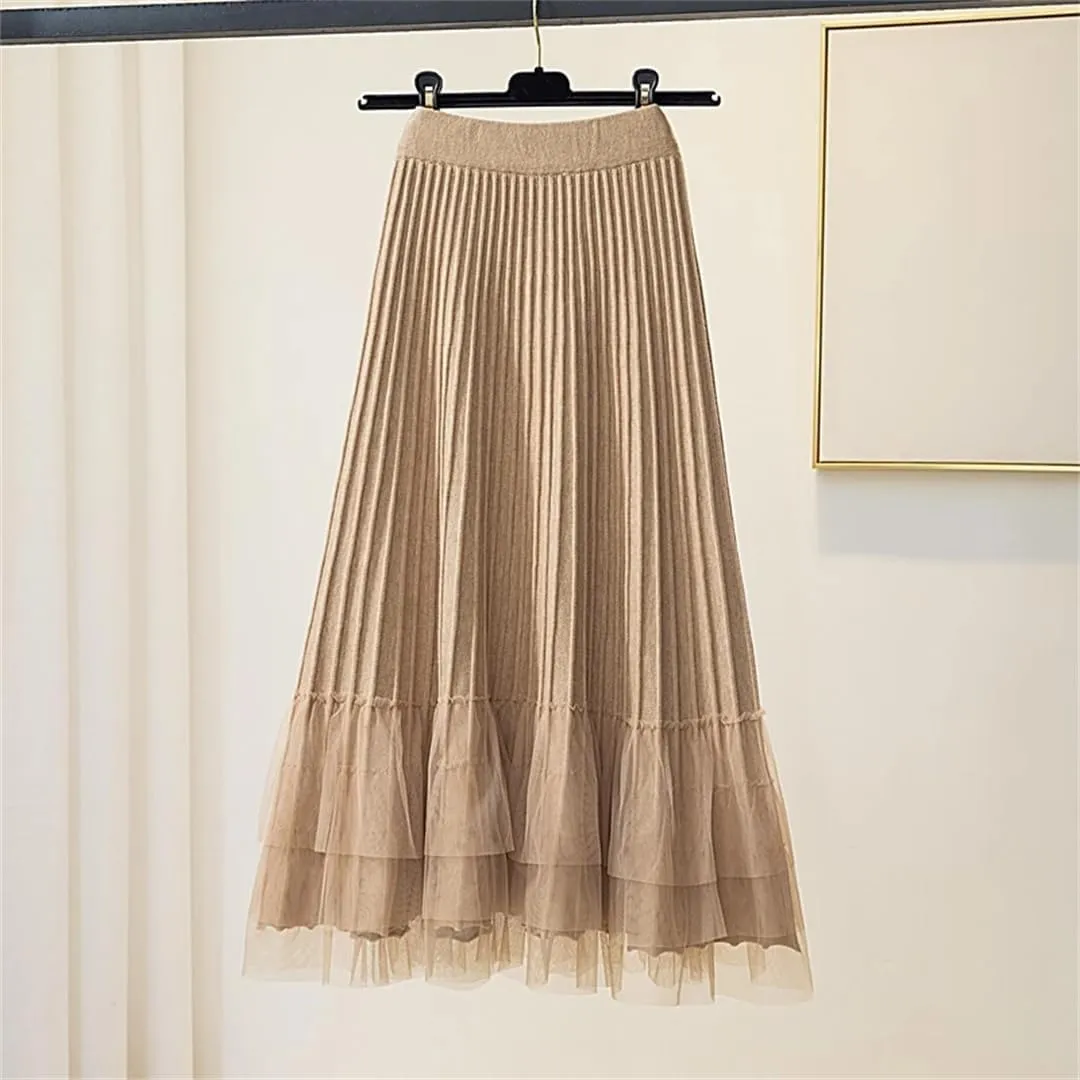 Women's Autumn Winter Tulle Patchwork Knitted A-Line High Waist Pleated Midi Skirt
